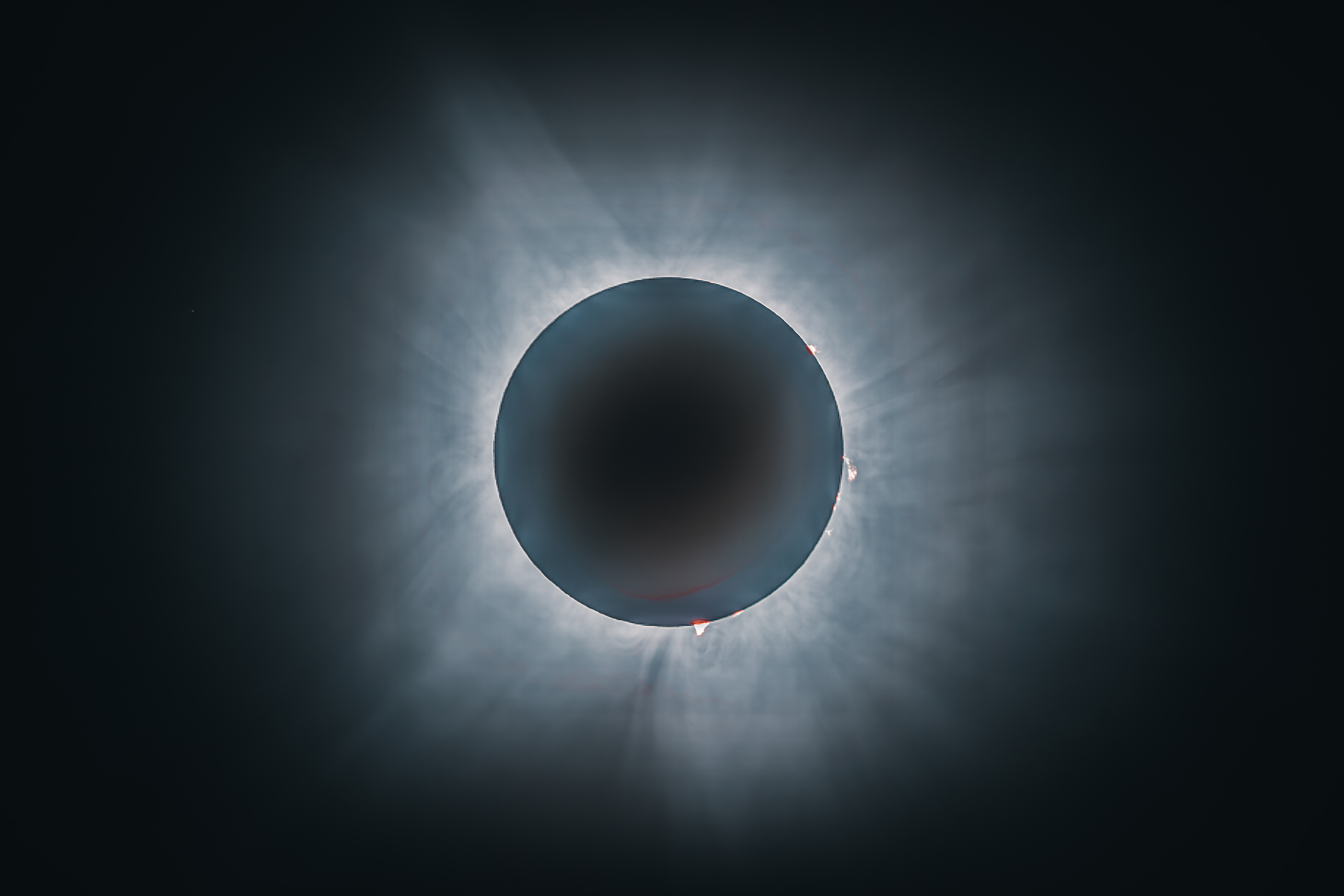 Total solar eclipse corona with pink prominences.